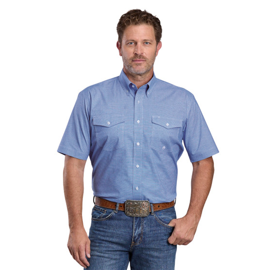 Men's Roper Stretch Blue Mini Check SS Shirt FRONT