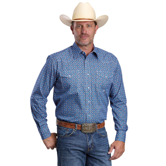 Men's Roper Blue Tile Print LS Snap Shirt FRONT