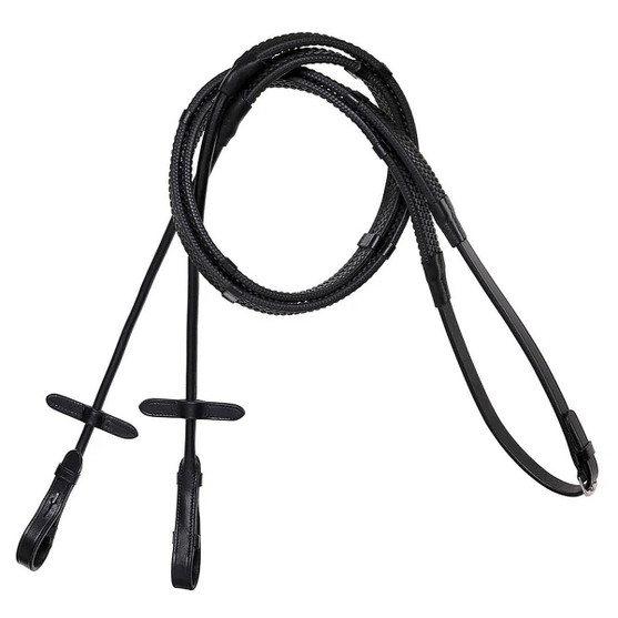 Lumiere Rubber Rolled Reins + Stops BLACK