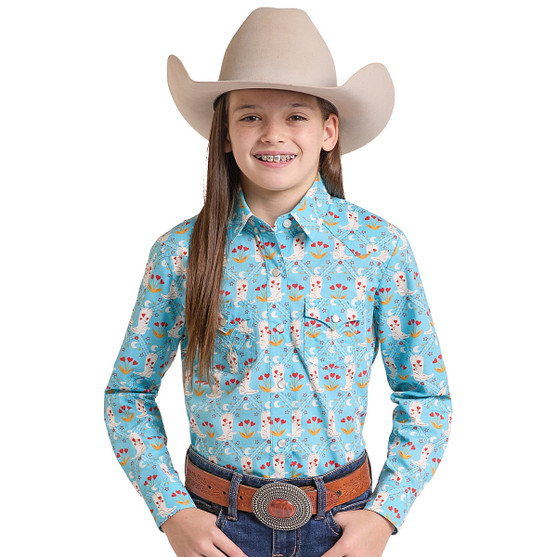 Girls Panhandle Turquoise Boots & Hearts LS Shirt