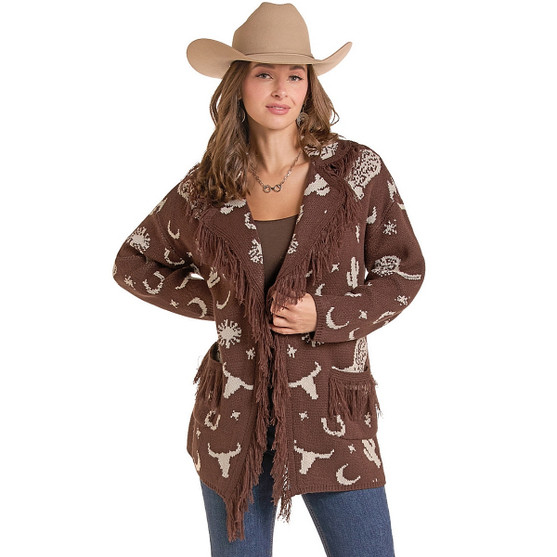 Rock & Roll Denim Western Fringe Cardigan FRONT