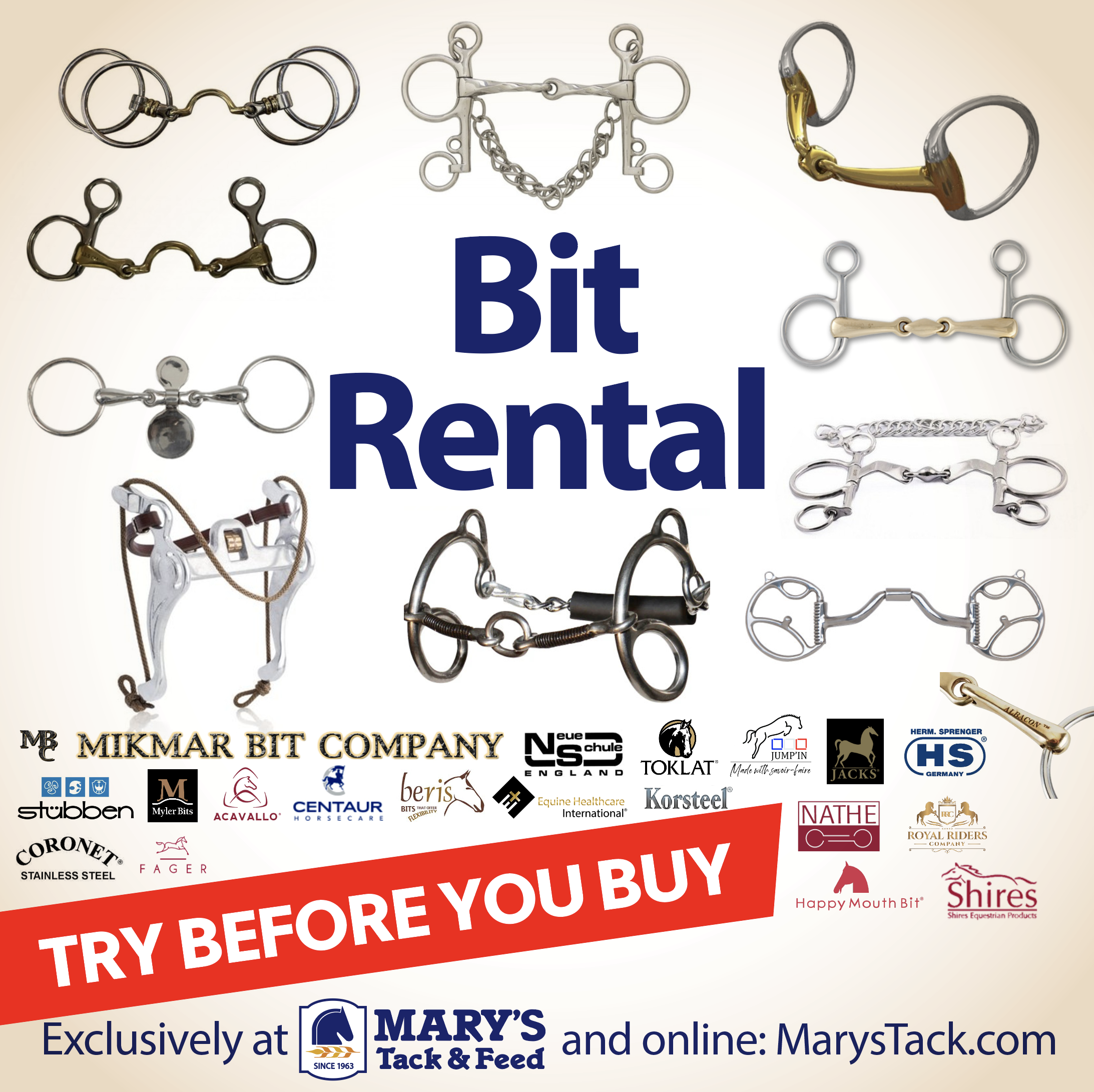 horse bit rental program - try horse bit to see if your horse likes it at Mary's Tack and Feed