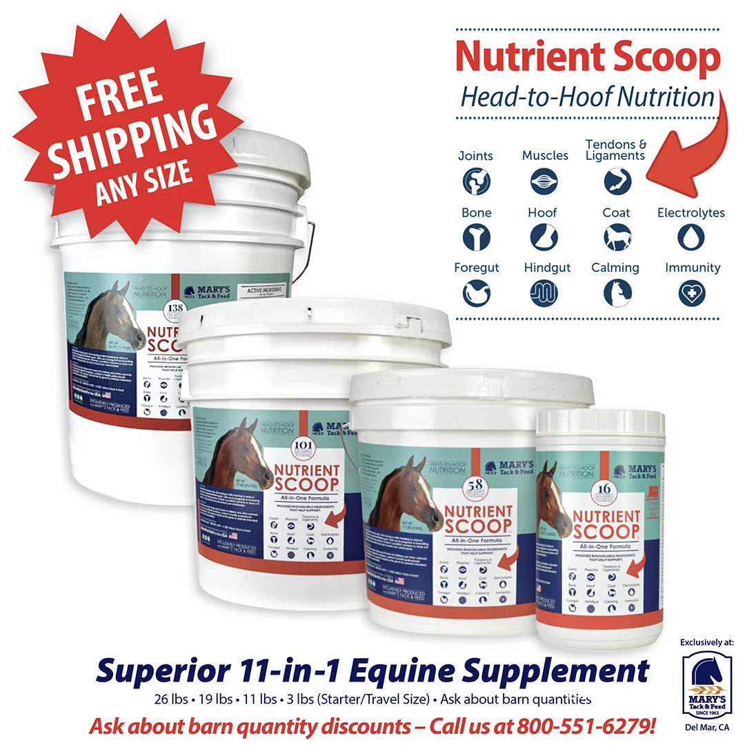 Free shipping on any size of Nutrient Scoop, best all-in-one supplement for horses at Mary's Tack and Feed