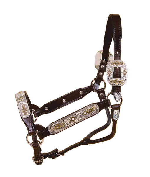 1 Leather Overlay Adjustable Nylon Halter with Leather Crown, Bronze  Hardware