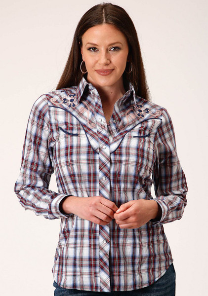 Roper Womens Long Sleeve Snap Wine Navy And White Plaid Western Shirt Roper Womens Long Sleeve Snap Wine Navy And White Plaid Western Shirt