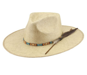 Women Straw Cowboy Hat Bead Brown Women's Ponytail Hat Straw