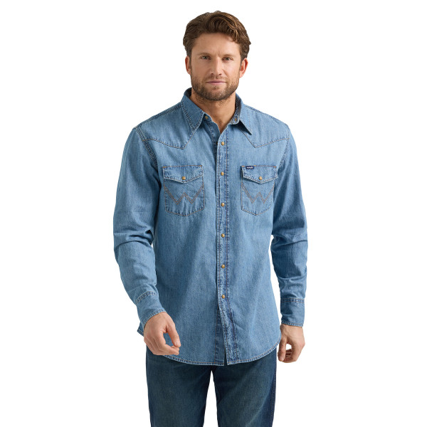 Men's Wrangler Light Wash Denim Snap Shirt- Western Wear
