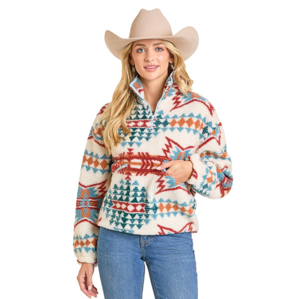 Rock & Roll Denim Sherpa Aztec Print 1/4 Zip