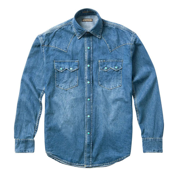 Men's Stetson Turquoise Snap Western Denim Shirt