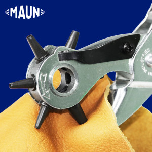 Maun Revolving Leather Hole Punch Plier 2 mm To 4.8 mm punching a hole through yellow leather material