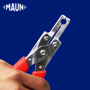 Maun Twine Gauge Measuring Plier 0.5 mm To 8 mm in persons hand, being squeezed closed to show the jaw shape