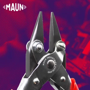 Maun Snipe Nose Smooth Jaws Parallel Pliers Comfort Grips 125 mm close up of jaws with the red PVC grips on the handles on a blue background with the Maun logo in white