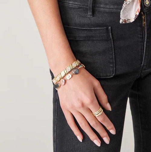 Spartina Linden bracelet stacked with gold bracelets on wrist, vintage inspired layered jewelry look  spartina-linden-bracelet-stacked-gold-bracelets-wrist.jpg Stacked Gold Bracelet Look with Spartina Linden