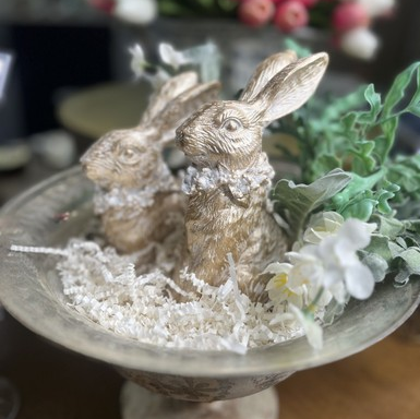 Bunny rabbits in mercury glass bowl