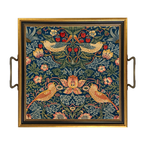Strawberry Thief decorative tray featuring a William Morris print, gold and black frame, and antiqued brass handles. Made in the USA, perfect for serving or tabletop styling.