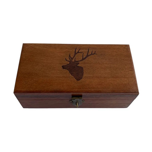 Stag head engraved acacia wood box with metal clasp. Perfect for storing jewelry, cufflinks, or keepsakes. Rustic tabletop decor, 6-1/4".
