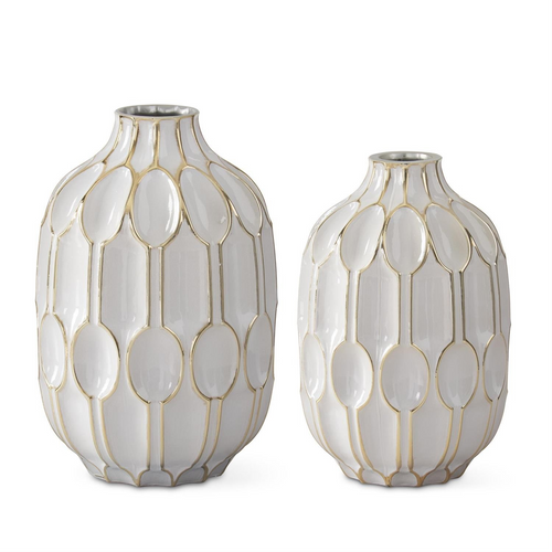 white glass and gold oval embossed vases