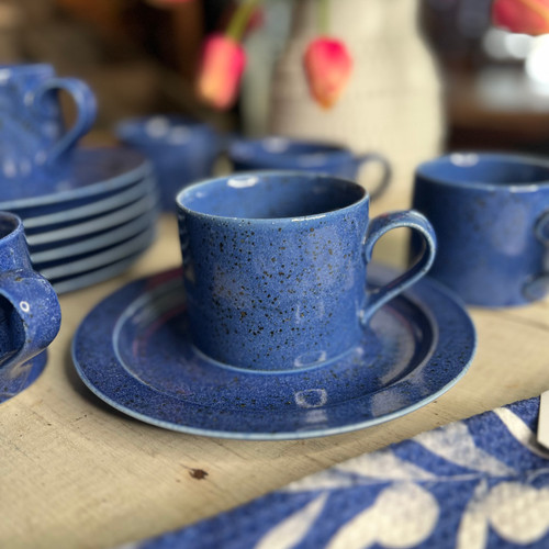 Dansk Bistro Cobalt Blue Flat Cup and Saucer - 4 Sets + 1 Bonus