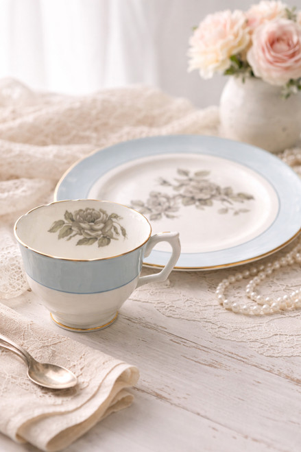 intage Crown Staffordshire fine bone china set in the rare Gray Blossom pattern, made in England in 1940s-1950s. This elegant set includes 8.5" salad plate and footed teacup with soft blue banding, gray florals, and gold trim. Perfect for collectors, plate walls, or adding a timeless English charm to your table.