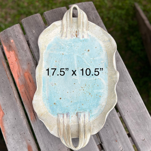 Decorative ruffle edge serving tray for entertaining and home decor styling with dimensions of 17.5" x 10.5"