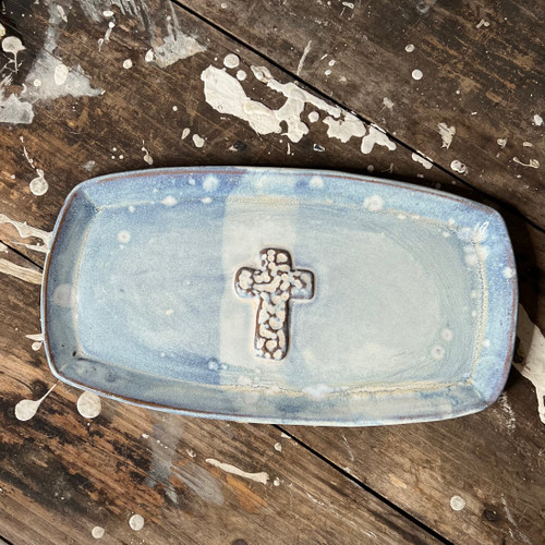 Light blue tray or platter from Alabama Vitrified with cross detail in the center.