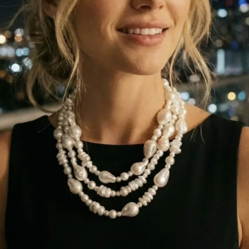 The Demi Pearl Statement Necklace features layered coastal ivory glass pearls, artisan hand-knotted silk cord, and vintage-inspired 14k gold plated hardware for a timeless look. This lightweight pearl statement necklace is perfect for weddings, brunch, beach vacations, cocktail dresses, and elevated everyday style. Designed for women who love elegant pearl jewelry, coastal chic fashion, and unique handmade statement necklaces with classic feminine style