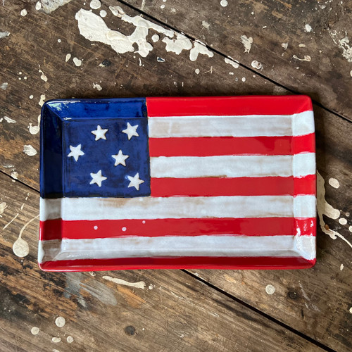 Handcrafted American flag tray made from Alabama wild clay, 11.5 x 7 artisan serving and display platter