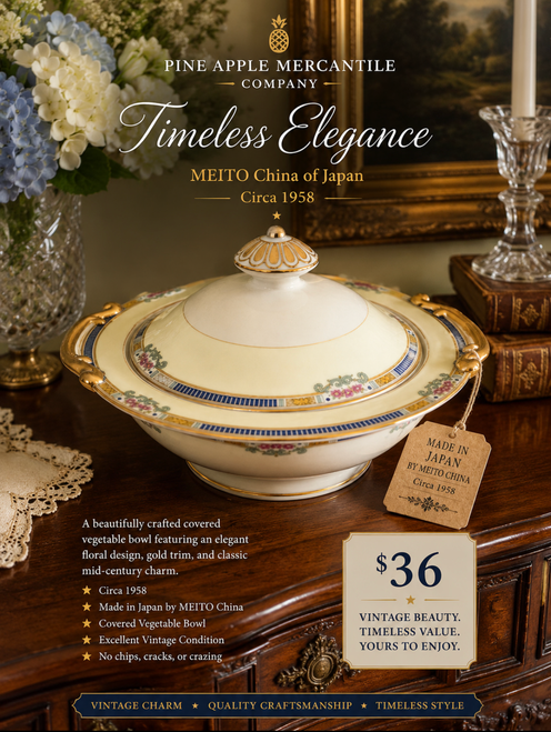 Vintage MEITO China covered vegetable bowl, circa 1958. Elegant Japanese porcelain with floral accents and gold trim, ideal for serving, collecting, or displaying in a traditional home. Excellent condition.