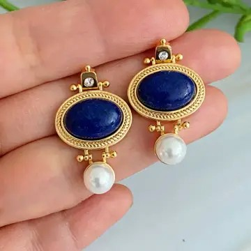 Noble Beauty Designer Stud Earrings in navy blue featuring a gold-tone setting and faux pearl drop.