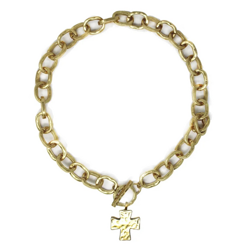 Gold chunky chain necklace with a hammered cross charm on a white background.