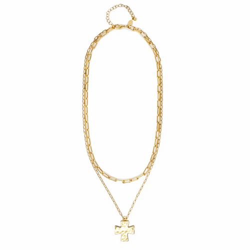 Gold layered mixed chain necklace featuring a textured cross pendant