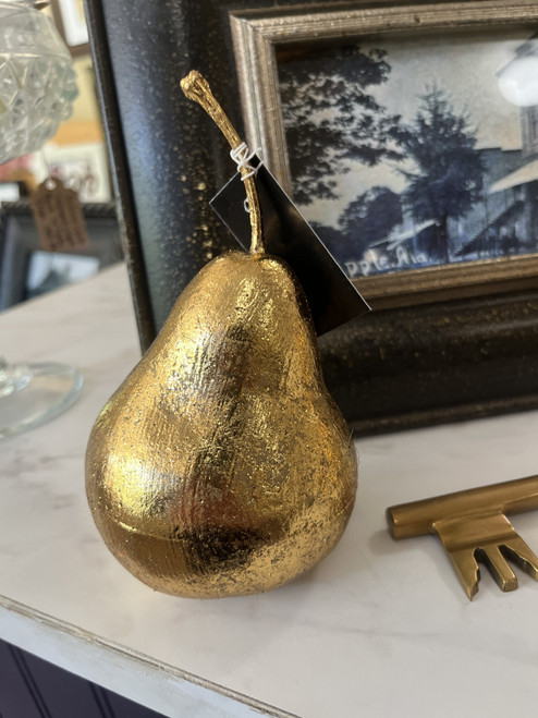 Set of four 4-inch gilded pears, perfect for styling in bowls, trays, mantels, buffets or centerpieces throughout Fall, Christmas and all year round.