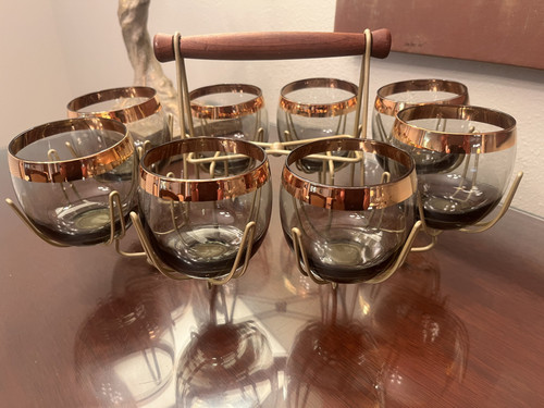 Vintage Smoke Gray & Gold Roly-Poly Glass Set with Carrier, Set of 8