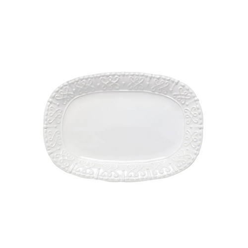 The Historia small oval platter in Paperwhite is a charming addition to the Historia line. The intricate embossing on the border mirrors the Versailles pattern on the salad plate. The Historia creamer and sugar sit perfectly on this small platter for a lovely addition to your kitchen counter. Handcrafted in Portugal of ceramic stoneware. Freezer, oven, microwave and dishwasher safe.