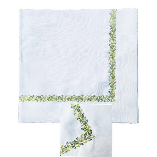 Set of 8 Green Botanique Linen napkins from Iza Silva Luxury Tableware