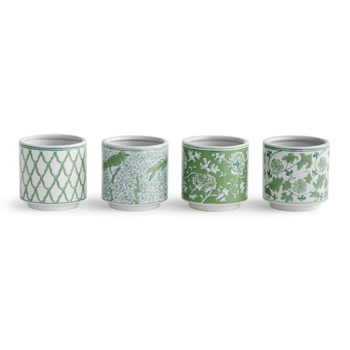 Introducing a classic chinoiserie set in refreshing shades of green. Known for its harmonizing and balancing effects, green is the perfect choice for these coordinating mini pots. Ideal for the kitchen, study, or covered porch, each handcrafted piece is unique in size and color. Use them decoratively indoors, and protect fine furniture by lining the interior when needed. Available in green and white with drain holes. Dimensions: 4 x 4 x 4 inches. Dust with a dry cloth.