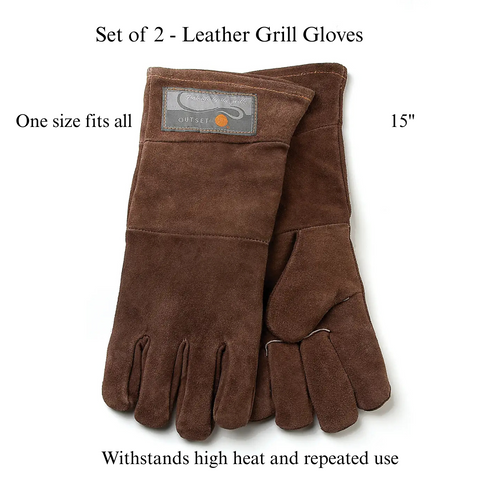 Set of 2 Outset Brown Leather Grill Gloves 15" on white background with description graphics