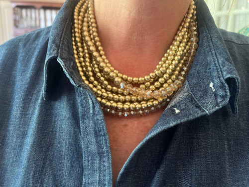 Metallic and Crystal Beaded Collar Necklace Matte Gold