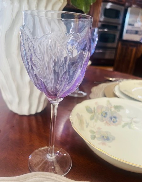 Block Tulipa lilac wine glasses set of 6, pressed glass tulip design, crafted in Portugal. Discontinued collectibles colored glassware.