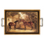 Antique-style Saddle Horses serving tray with gold and black frame, brass handles, and glass-covered print. Made in the USA, perfect for entertaining or classic equestrian décor.