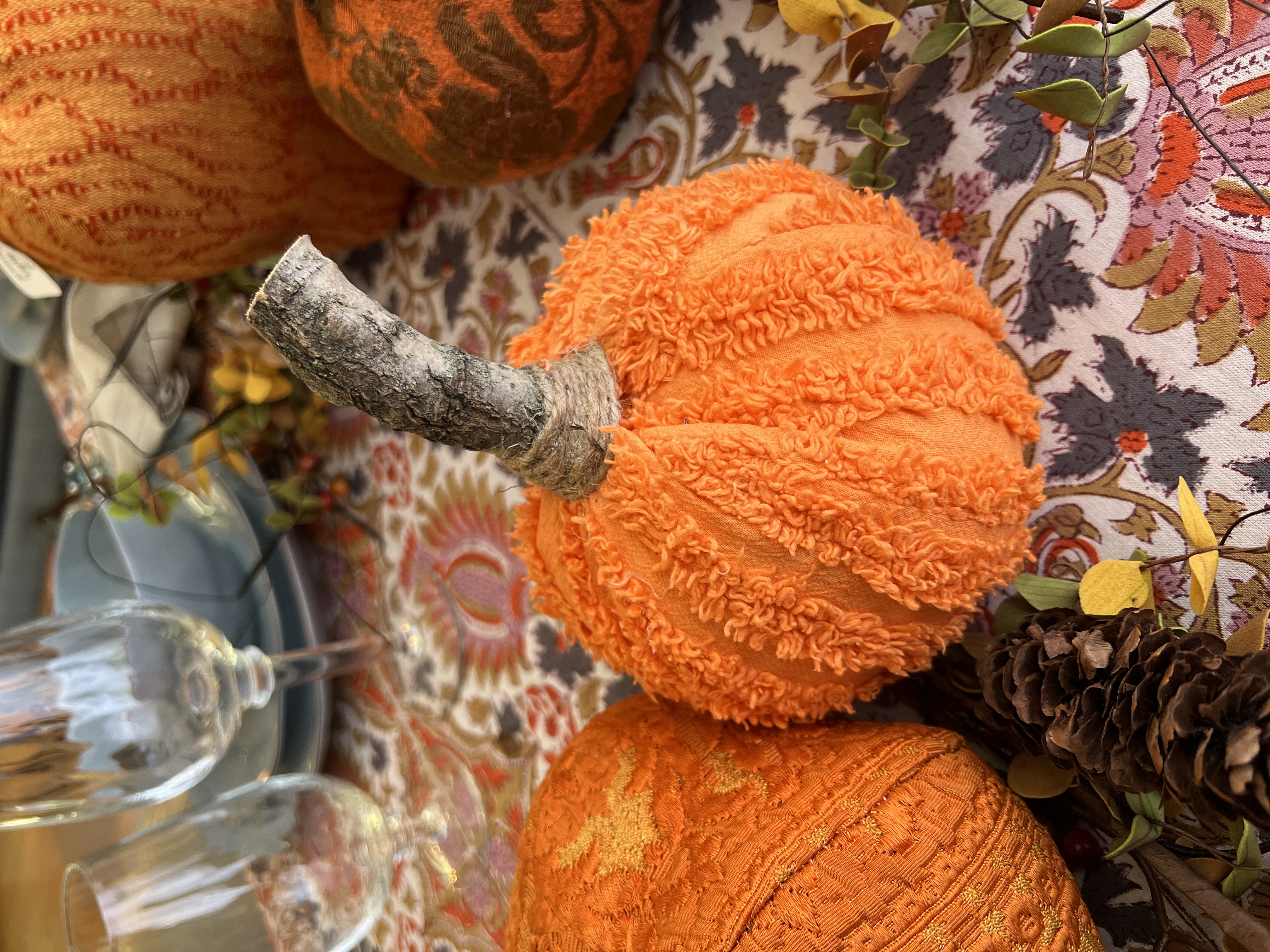 Vintage Hand Sewn Pumpkins - Medium 6 Panel Round – 1960's Chenille - Orange