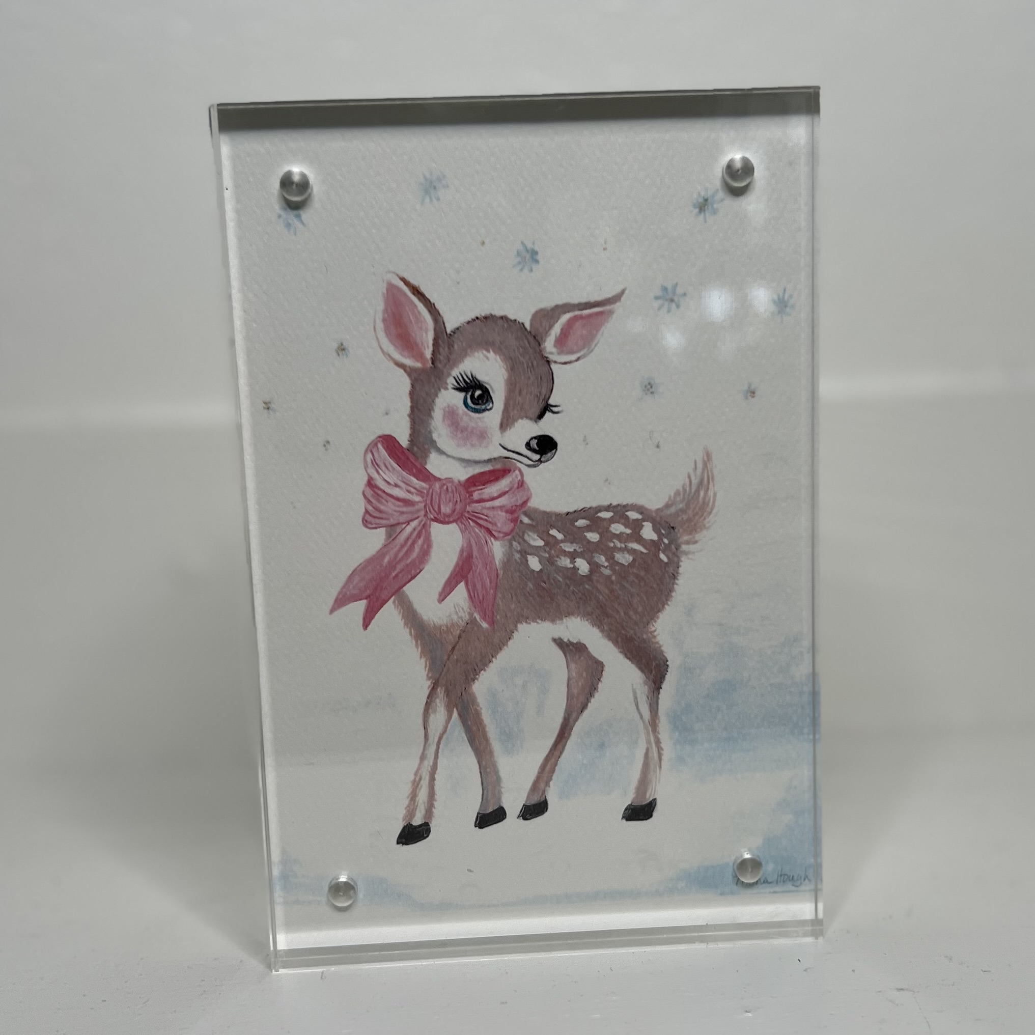 Acrylic Block Art, Small – Fawn with Pink Ribbon