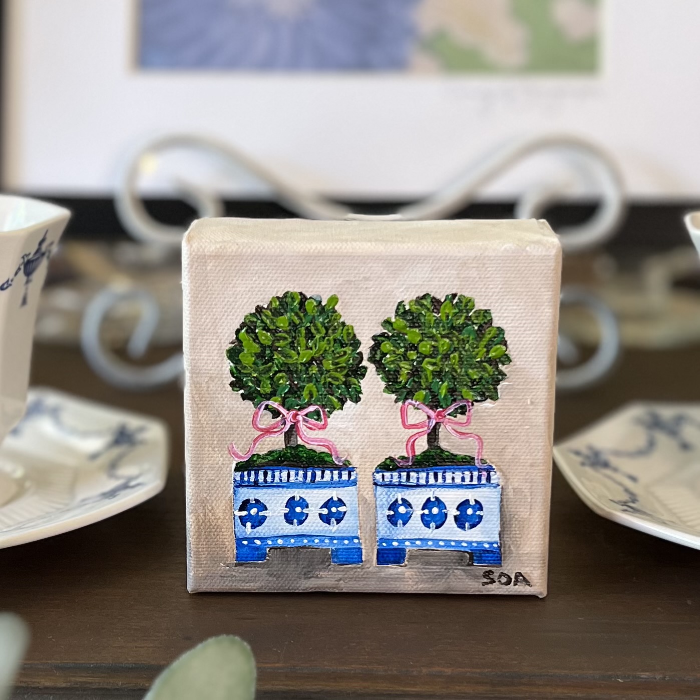 Original Topiary Acrylic Canvas Block by Bay La Launch Art – Twin Topiaries