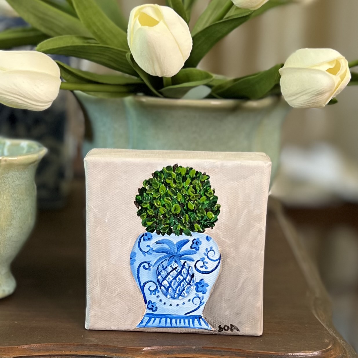 Original Topiary Acrylic Canvas Block by Bay La Launch Art – Topiary in Pineapple Ginger Jar