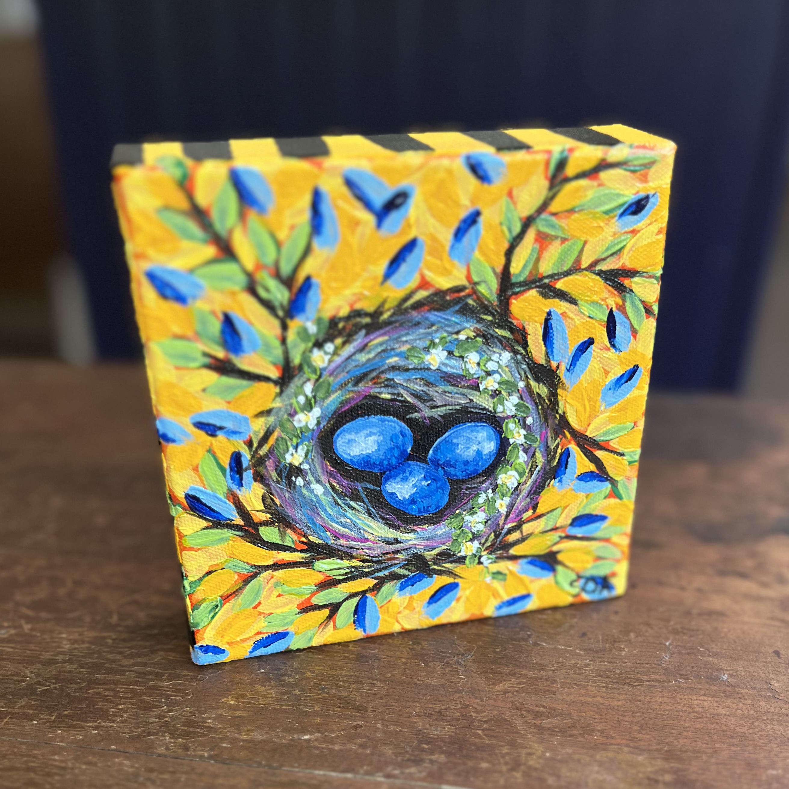 Original Acrylic on Canvas “Blue Eggs in Nest” by Bay La Launch Art