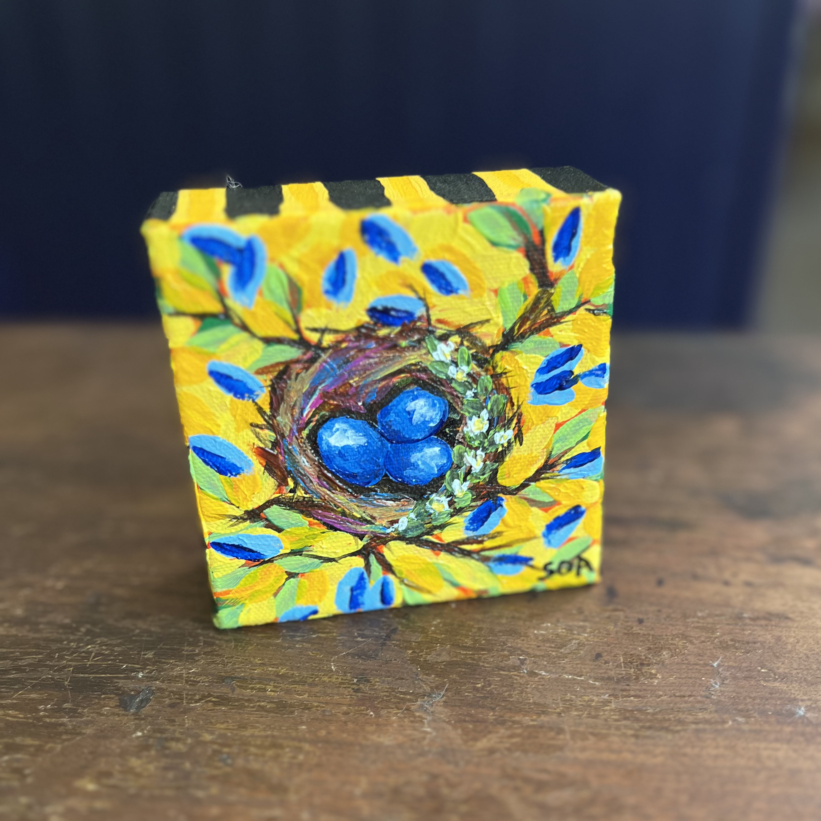 Original Acrylic on Canvas “Blue Eggs in Nest” by Bay La Launch Art