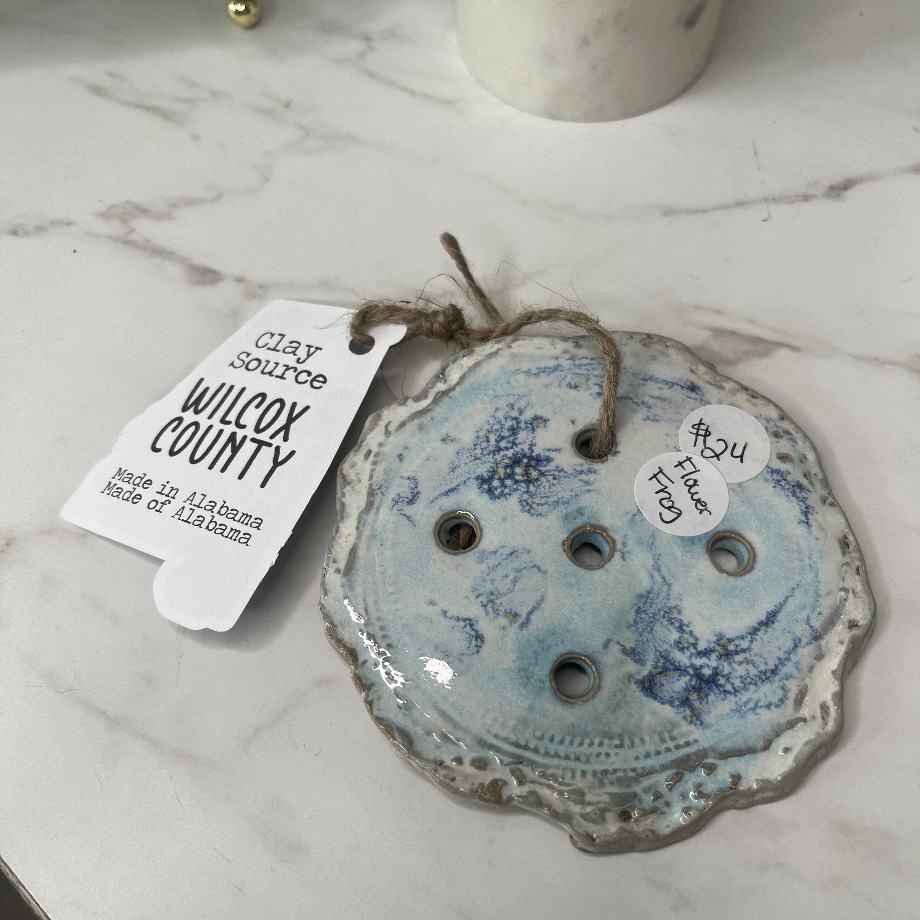 Hand Thrown Clay Flower Frog – Blue & White