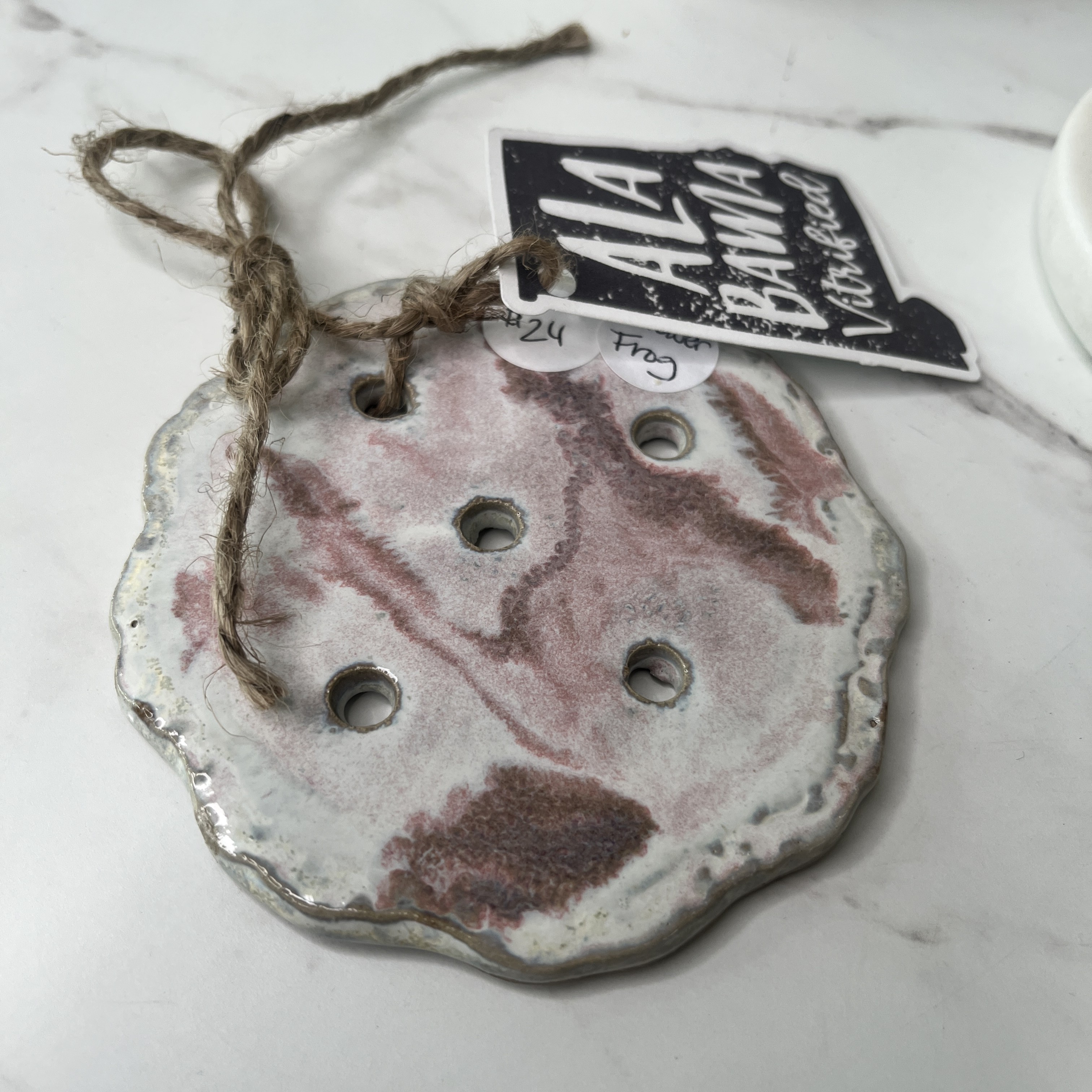 Hand Thrown Clay Flower Frog – Pink & White