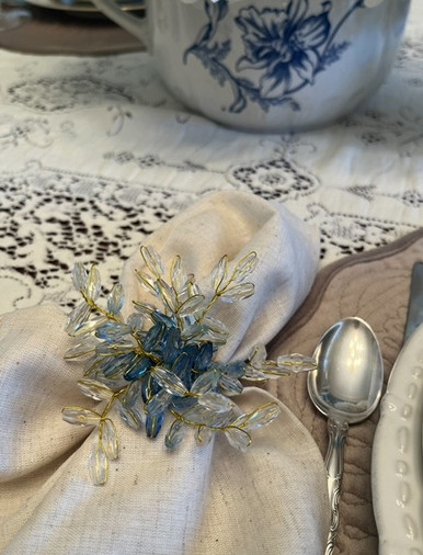 Beaded Spray Flower Napkin Rings, Blue, Set of 8