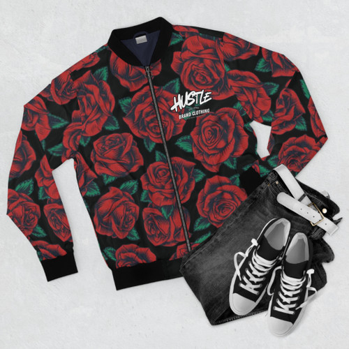 Hustle Brand Clothing Men's Floral Bomber Jacket, Trendy Streetwear, Perfect for Casual Outings, Rose Pattern, Gift for Him, Fashion Statement